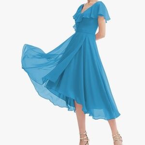 Ruffle Bridesmaid Dresses Short with Pockets A Line Size 14 V Neck chiffon